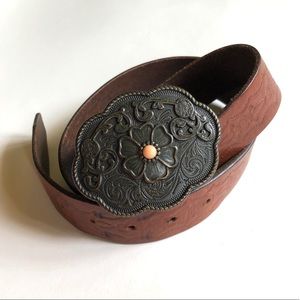 Vintage Brown Leather Floral Buckle